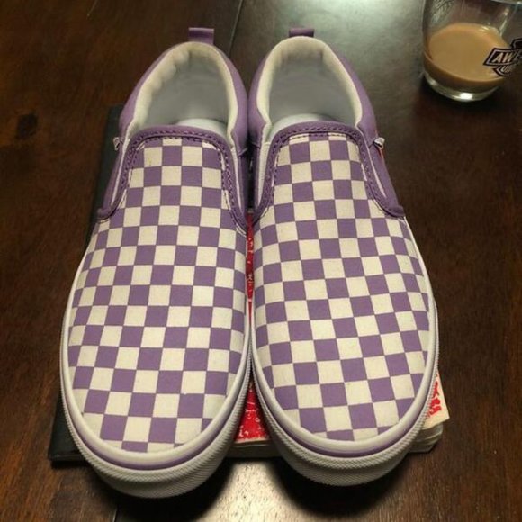 purple checkered slip on vans
